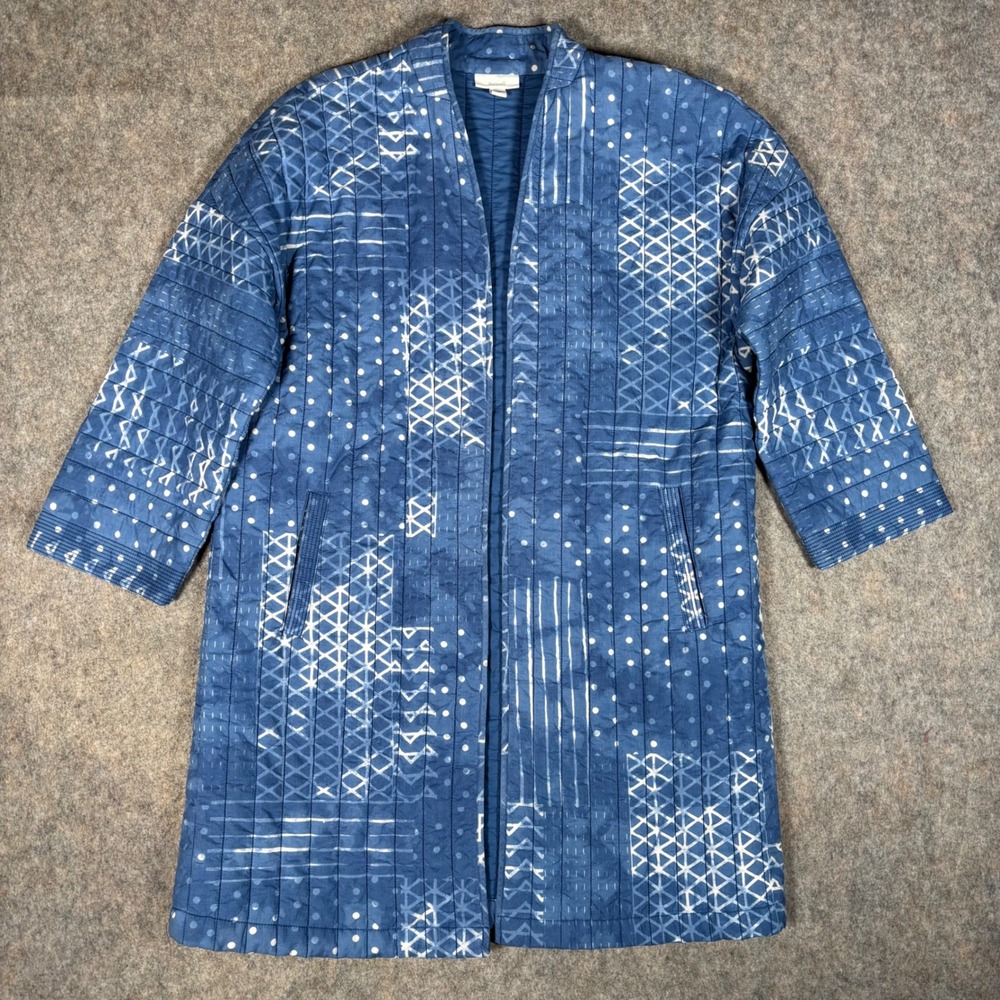 Pure Jill Quilted Topper Womens M Blue Geometric Print Open Front Boho Quilted